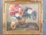 a painting of flowers in a vase on a table
