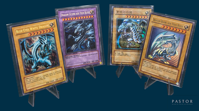 four cards are displayed in a row on a blue background