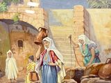 a painting of a woman carrying water in a village