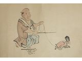 an image of a drawing of a man with a dog on a leash