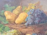 a painting of a basket of fruit with grapes and pears