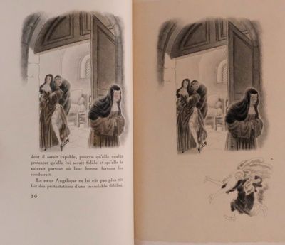 an open book with a drawing of a woman and a man