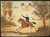 une peinture représentant un homme à cheval dans un champ