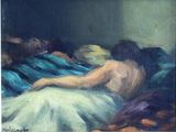 a painting of a woman laying on a bed