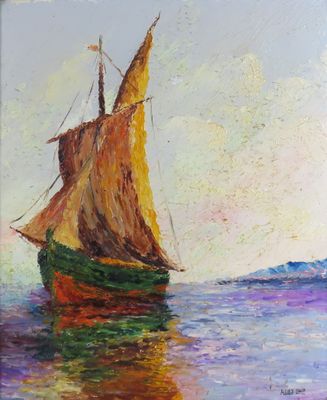 une peinture représentant un voilier en mer, avec le ciel en arrière-plan