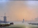 a painting of a boat in the water with a windmill in the background