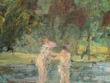 an oil painting of two people standing in a river with trees in the background