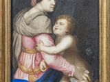 an old painting of a woman holding a child in her arms