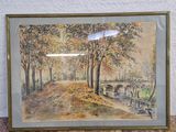 tableau représentant un tableau représentant des arbres et un pont dans un parc