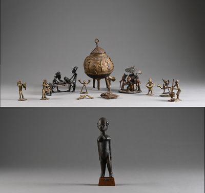 deux images représentant une statue en bronze d'un homme et un groupe de personnes