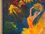 painting of a woman in a yellow dress with a fan in her hand