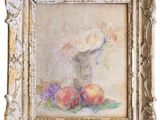 an image of a painting of peachs and flowers in a vase