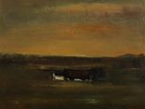 an image of a painting of cows in a field at sunset