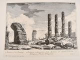 an old drawing of a group of columns in a rocky area