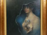une peinture à l'huile représentant une femme tenant un bébé dans ses bras