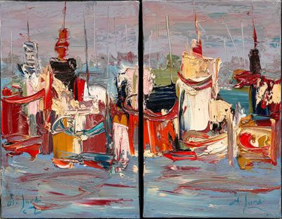 paintings of boats in a harbor with a sky background