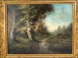 an oil painting of a country road in a wooded setting
