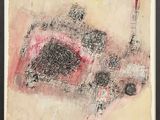 une peinture abstraite représentant une voiture ornée d'une bande rouge