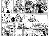 une page d'une bande dessinée sur laquelle figure, en arrière-plan, une illustration en noir et blanc représentant un groupe de personnes