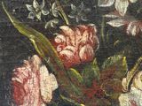 an oil painting of flowers in a vase on a black background