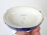 a person holding a blue and white bowl in their hand