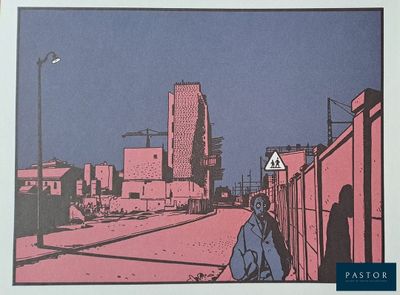 a picture of a man walking down a street in a city