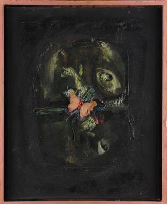 une peinture à l'huile représentant une femme avec une fleur dans la bouche