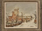 un tableau représentant un château sous la neige, par une journée enneigée