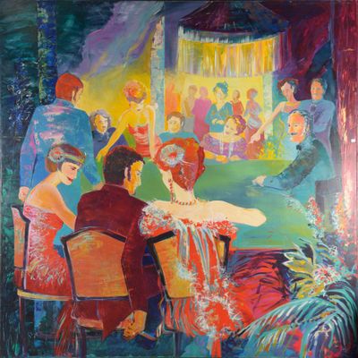 une peinture représentant un groupe de personnes assises autour d'une table