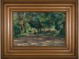 une peinture à l'huile représentant un banc de parc à l'ombre des arbres