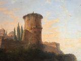 a painting of a castle on a cliff by the water