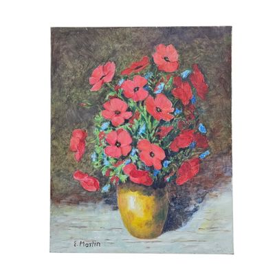 une peinture de fleurs rouges dans un vase sur une table