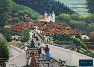 un tableau représentant des personnes marchant dans une rue avec un chien