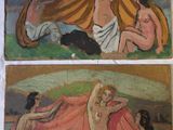 two paintings of a couple of people sitting on top of a grass covered field