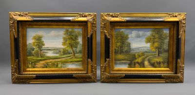 une paire de peintures à l'huile représentant un paysage champêtre