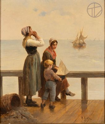 an image of a painting of two women and a child on a pier