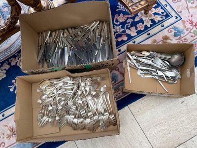 two boxes of silverware sitting on top of a blue and white rug