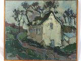 une peinture à l'huile représentant une maison blanche sur une colline, avec des arbres en arrière-plan