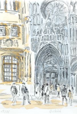 drawing of people walking in front of a large building with a clock on it