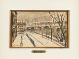 tableau représentant une rue enneigée avec un pont en arrière-plan