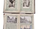 three old photos of people and buildings are displayed in a book