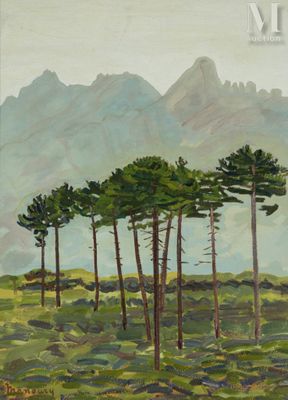 une peinture à l'huile représentant des arbres dans un champ, avec des montagnes en arrière-plan