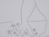 drawing of a woman ' s feet with flowers and leaves on the ground