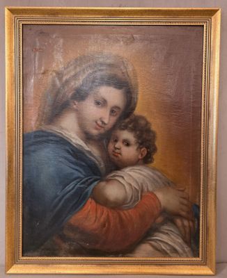 une peinture ancienne représentant une femme tenant un enfant dans ses bras