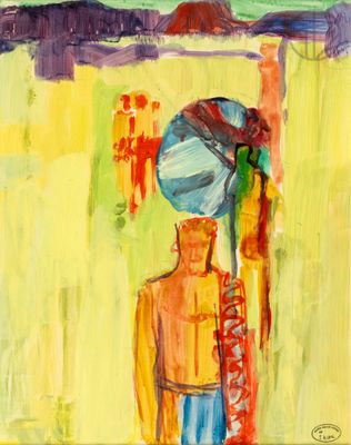 tableau représentant un homme avec une balle sur la tête, debout devant un mur jaune