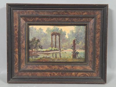 an oil painting of a park scene with a gazebo in the background