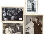 quatre vieilles photos en noir et blanc représentant un homme et une femme assis à une table