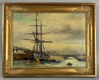an oil painting of a ship in a harbor with other boats in the water