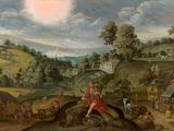 painting of a painting of a village with a man on a log