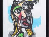 painting of a woman ' s face in a black frame with a blue background